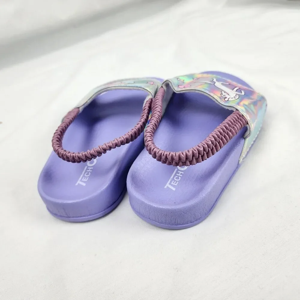 Girls Size 9.5-10 Kids Unicorn Sandals with Strap Slip-On Silver Iridescent NEW